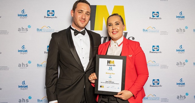 Rising Star Award presneted by Ben Chapman of Intrust received by joint winner Kate Milcross of Mercure Sydney International Airport